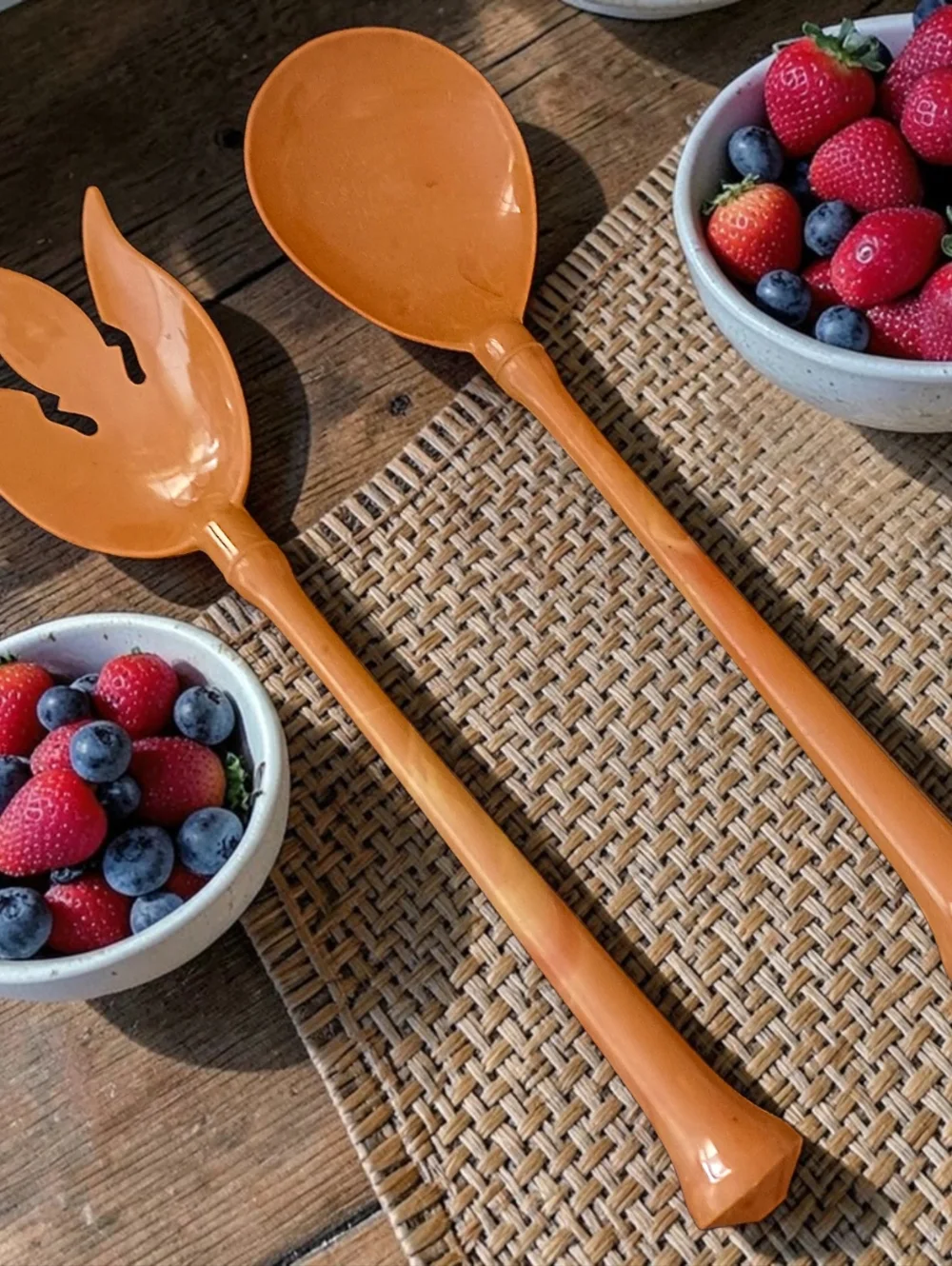 Vintage Melamine Salad Servers Fork Spoon Butterscotch Swirl Harvest‎ Gold MCM